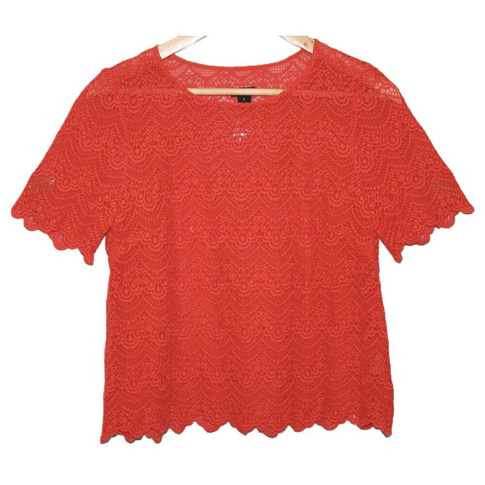 Womens J.Crew Orange Red Scalloped Lace Short Sleeve Shirt Blouse Top Size Small